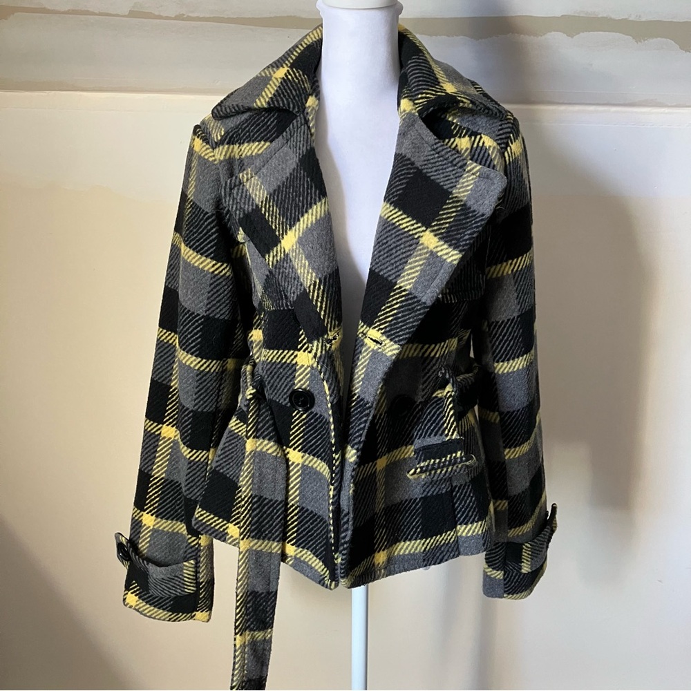 B Mosa Gray & Yellow Plaid Womens Peacoat size Medium - Picture 4 of 7